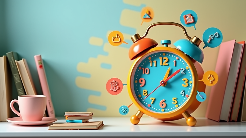 a colorful clock with language learning icons, books, and a cup of coffee on a tidy desk