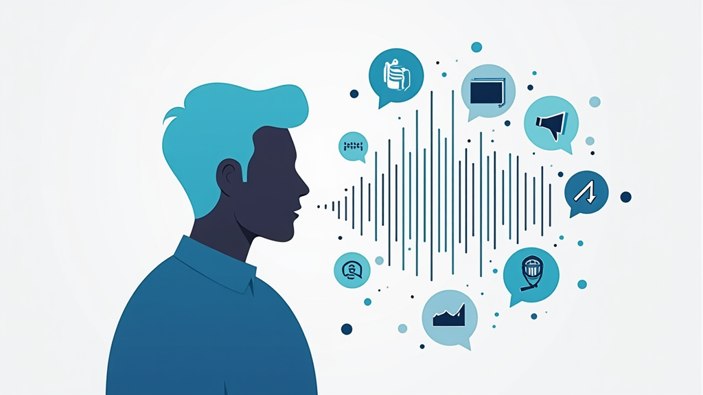 An abstract illustration of sound waves and communication icons to represent professional speaking confidence.